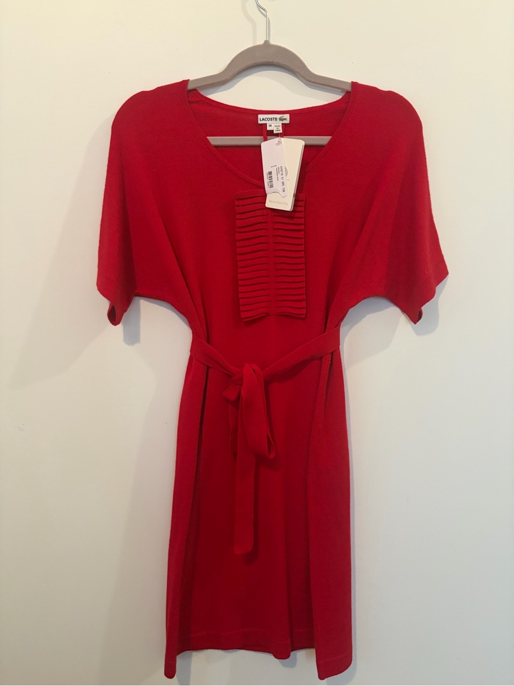 NWT LACOSTE Red 100% Merino Wool Tie-Waist Knit Dress - Size 36
